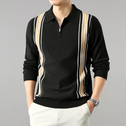 🧥 Half-Zip Long Sleeve Polo Sweater – Stripe Color Block Men’s Fashion Knitwear