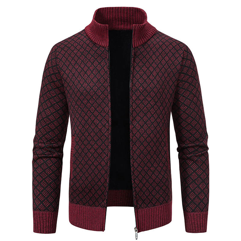 Thickened Plaid Print Slim Fit Zipper Jacket Cardigan – Men’s Winter Knitted Stand Collar Sweater
