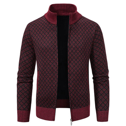 Thickened Plaid Print Slim Fit Zipper Jacket Cardigan – Men’s Winter Knitted Stand Collar Sweater