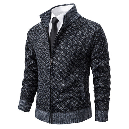 Thickened Plaid Print Slim Fit Zipper Jacket Cardigan – Men’s Winter Knitted Stand Collar Sweater