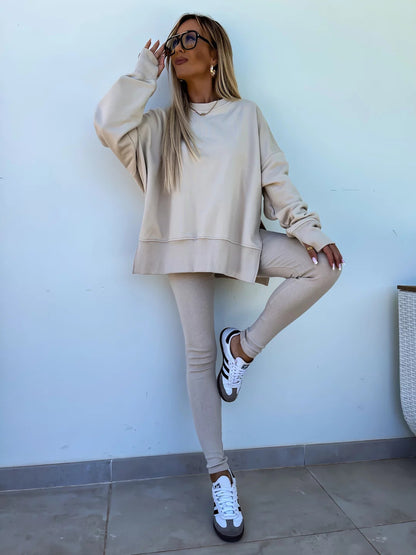 Women's Casual Sweater Set – Loose Split Long Sleeve Top & Tight Trousers 2-Piece Outfit
