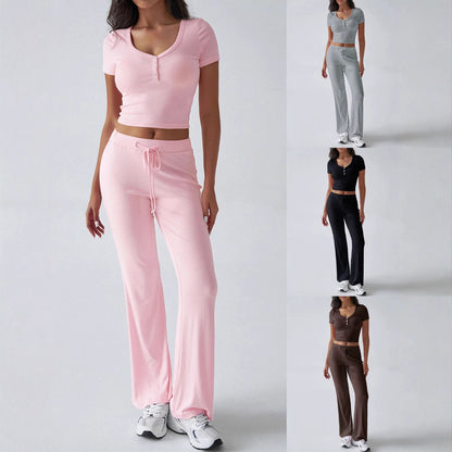 Women’s Solid Color Summer Fashion Suit – Casual Crew Neck Two-Piece Set