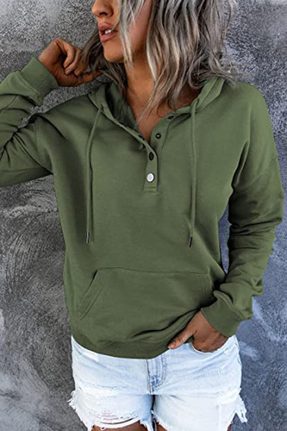 Women’s Long-Sleeved Hooded Sweatshirt – Casual Button Hoodie with Pockets & Drawstring