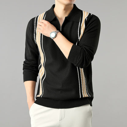 🧥 Half-Zip Long Sleeve Polo Sweater – Stripe Color Block Men’s Fashion Knitwear