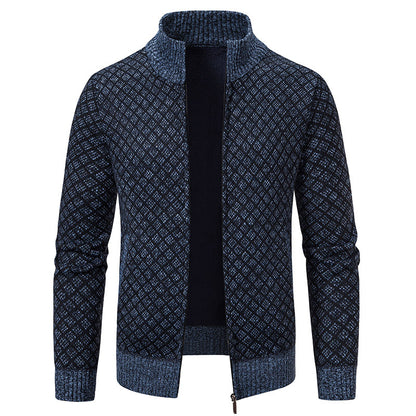 Thickened Plaid Print Slim Fit Zipper Jacket Cardigan – Men’s Winter Knitted Stand Collar Sweater