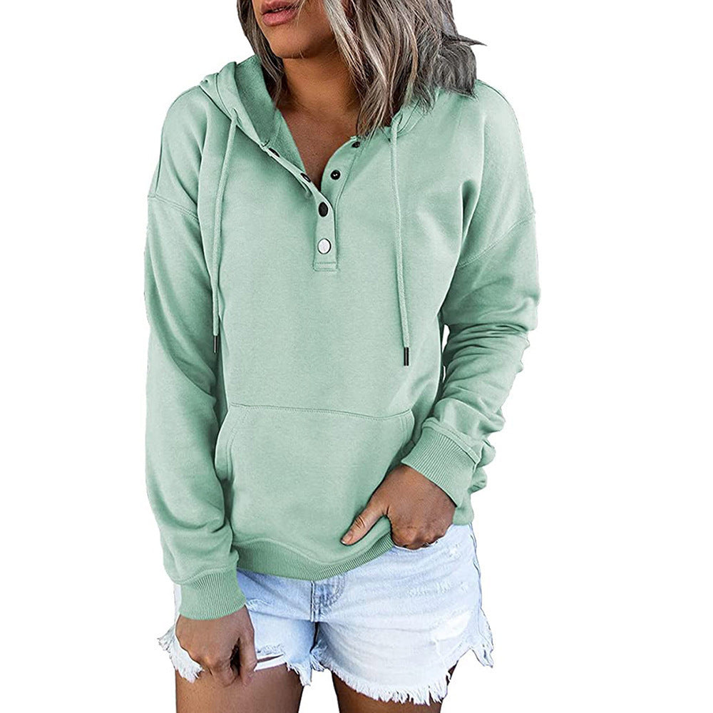Women’s Long-Sleeved Hooded Sweatshirt – Casual Button Hoodie with Pockets & Drawstring