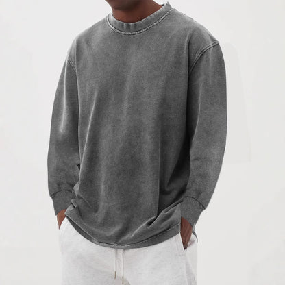 👕 Washed Old Solid Color Men’s Long-Sleeved T-Shirt – Vintage Casual Style