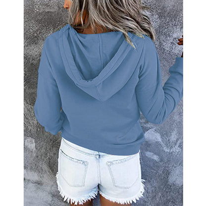 Women’s Long-Sleeved Hooded Sweatshirt – Casual Button Hoodie with Pockets & Drawstring