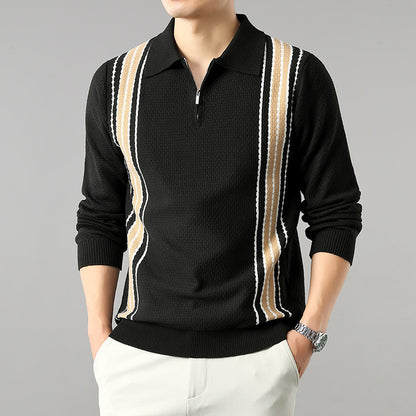 🧥 Half-Zip Long Sleeve Polo Sweater – Stripe Color Block Men’s Fashion Knitwear