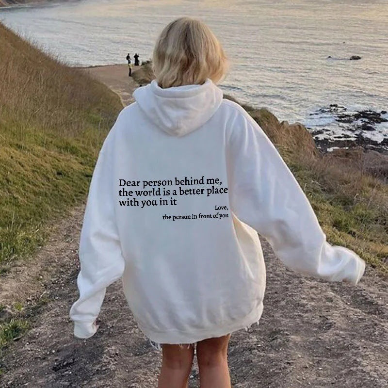 "Dear Person Behind Me" Women's Plush Hoodie – Letter Print Kangaroo Pocket Unisex Pullover