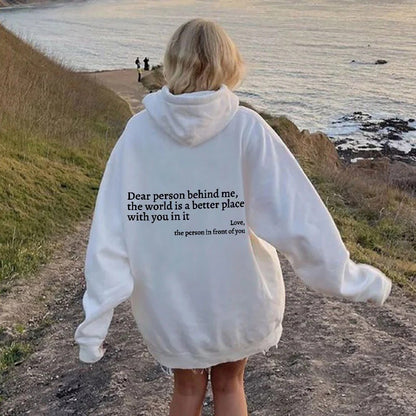 "Dear Person Behind Me" Women's Plush Hoodie – Letter Print Kangaroo Pocket Unisex Pullover