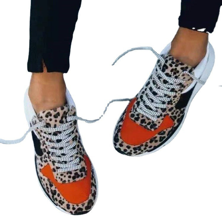 Leopard Print Color Matching Lace-Up Casual Horse Hair Sneakers – Stylish & Comfortable Footwear