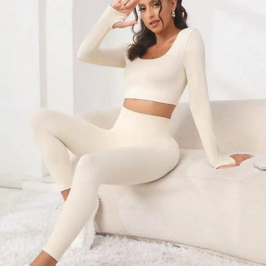 Women's Seamless Long Sleeve Yoga Set – Threaded Design with Hip-Lifting Trousers for Fitness & Workout