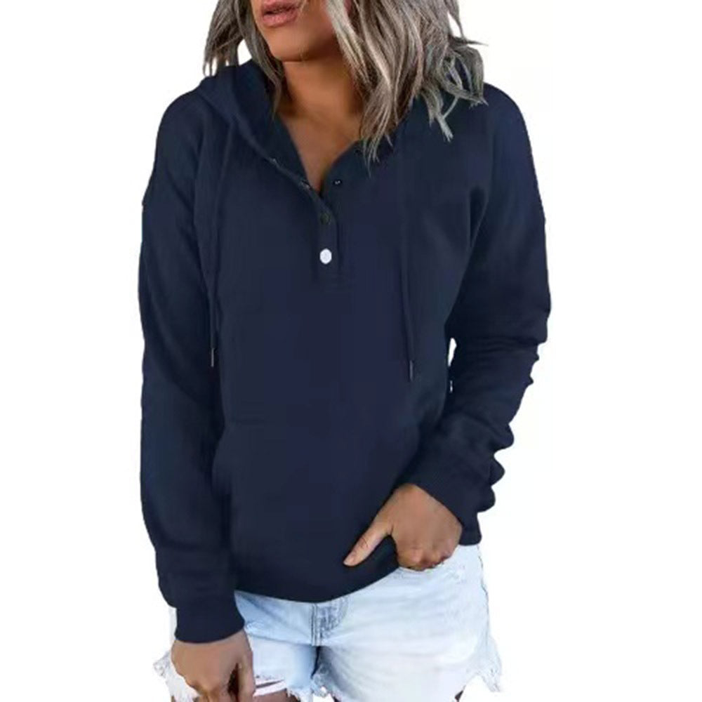 Women’s Long-Sleeved Hooded Sweatshirt – Casual Button Hoodie with Pockets & Drawstring