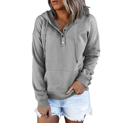 Women’s Long-Sleeved Hooded Sweatshirt – Casual Button Hoodie with Pockets & Drawstring