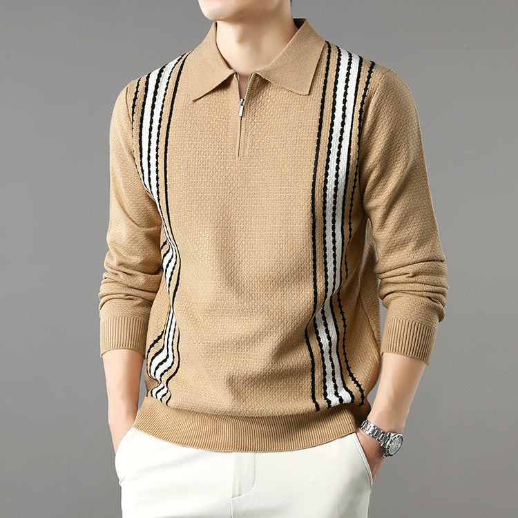 🧥 Half-Zip Long Sleeve Polo Sweater – Stripe Color Block Men’s Fashion Knitwear