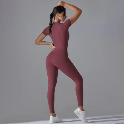 Yoga Set Women’s Jumpsuits – One-Piece Zipper Short Sleeve Bodysuit, Push-Up Workout Clothes, Fitness Tracksuit for Gym, Sportswear & Activewear