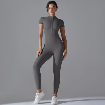 Yoga Set Women’s Jumpsuits – One-Piece Zipper Short Sleeve Bodysuit, Push-Up Workout Clothes, Fitness Tracksuit for Gym, Sportswear & Activewear