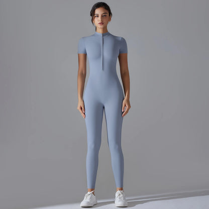 Yoga Set Women’s Jumpsuits – One-Piece Zipper Short Sleeve Bodysuit, Push-Up Workout Clothes, Fitness Tracksuit for Gym, Sportswear & Activewear