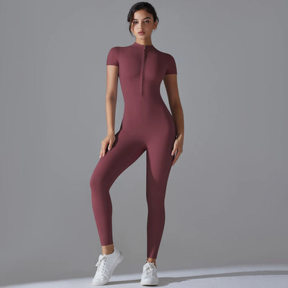 Yoga Set Women’s Jumpsuits – One-Piece Zipper Short Sleeve Bodysuit, Push-Up Workout Clothes, Fitness Tracksuit for Gym, Sportswear & Activewear