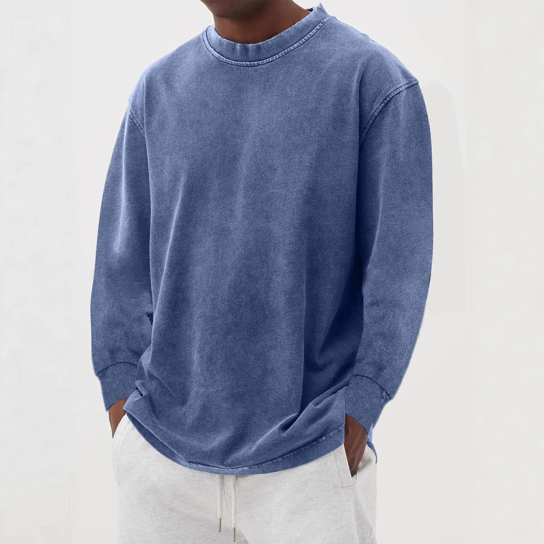 👕 Washed Old Solid Color Men’s Long-Sleeved T-Shirt – Vintage Casual Style