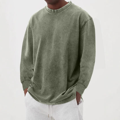 👕 Washed Old Solid Color Men’s Long-Sleeved T-Shirt – Vintage Casual Style