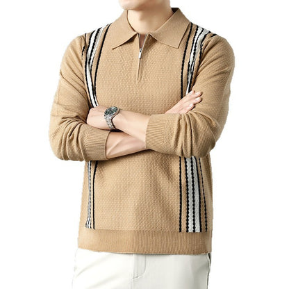 🧥 Half-Zip Long Sleeve Polo Sweater – Stripe Color Block Men’s Fashion Knitwear