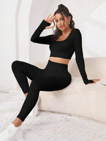 Women's Seamless Long Sleeve Yoga Set – Threaded Design with Hip-Lifting Trousers for Fitness & Workout