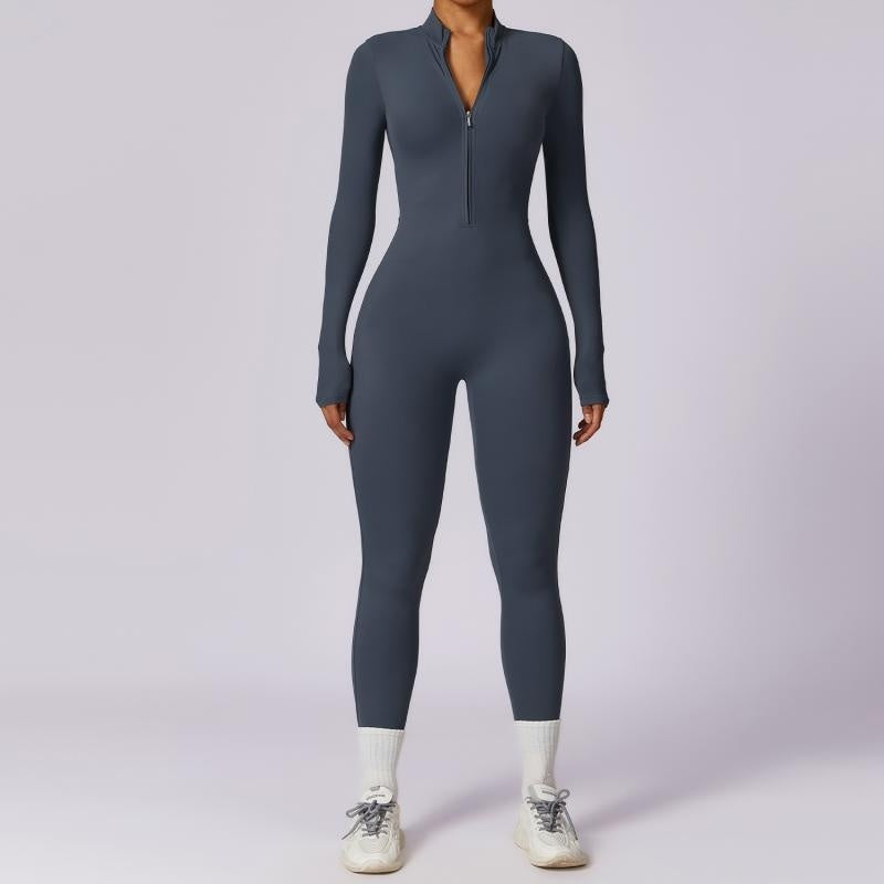 Women’s Seamless Long Sleeve Zipper Jumpsuit – Tight Fit Yoga & Fitness Training One-Piece with Hip-Lifting Design