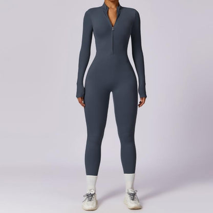 Women’s Seamless Long Sleeve Zipper Jumpsuit – Tight Fit Yoga & Fitness Training One-Piece with Hip-Lifting Design