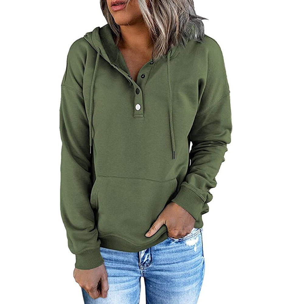 Women’s Long-Sleeved Hooded Sweatshirt – Casual Button Hoodie with Pockets & Drawstring