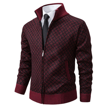 Thickened Plaid Print Slim Fit Zipper Jacket Cardigan – Men’s Winter Knitted Stand Collar Sweater